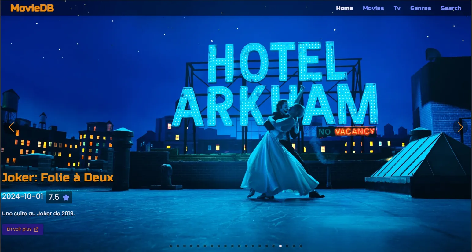 Page d'accueil du site, avec un slider de films.