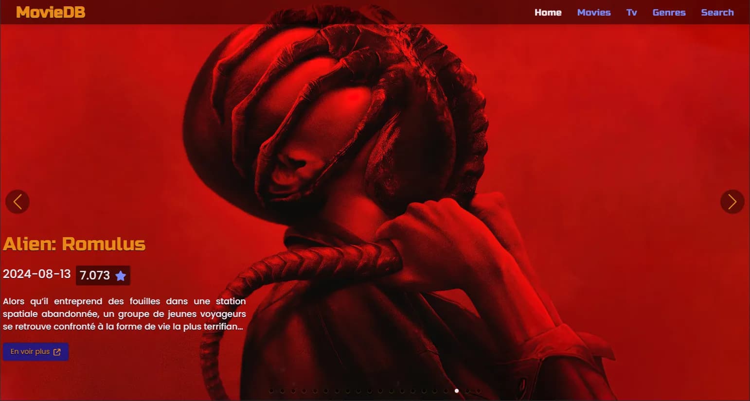 Page d'accueil du site, avec un slider de films.