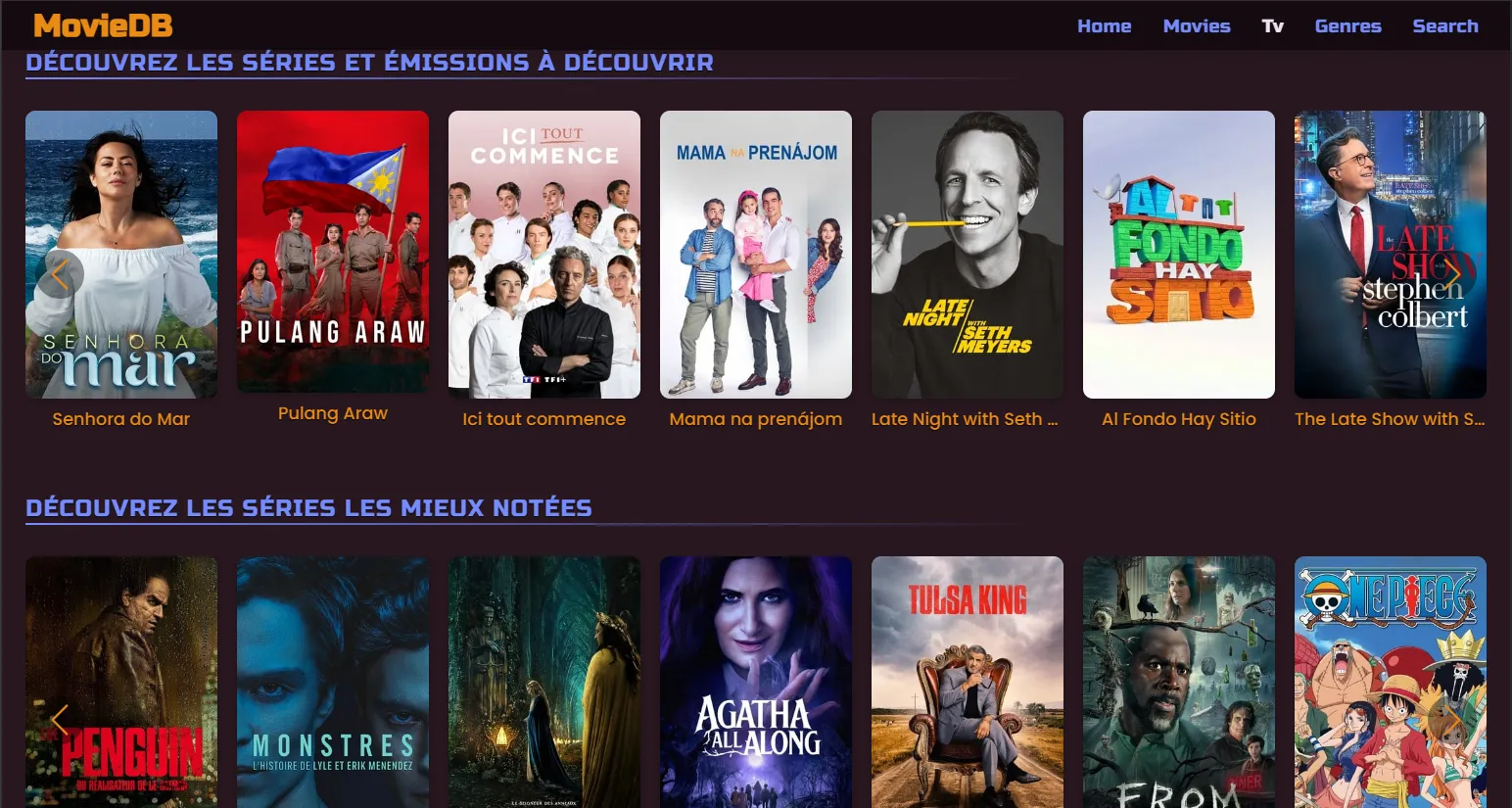 Page dédiée à la sélection de séries.