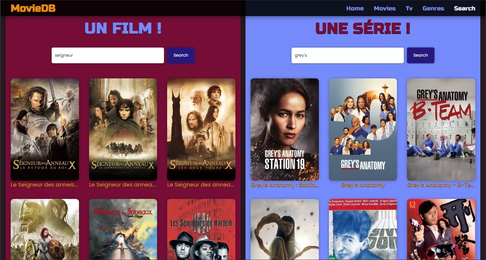 La recherche de film et série peuvent se faire sur la même page.
