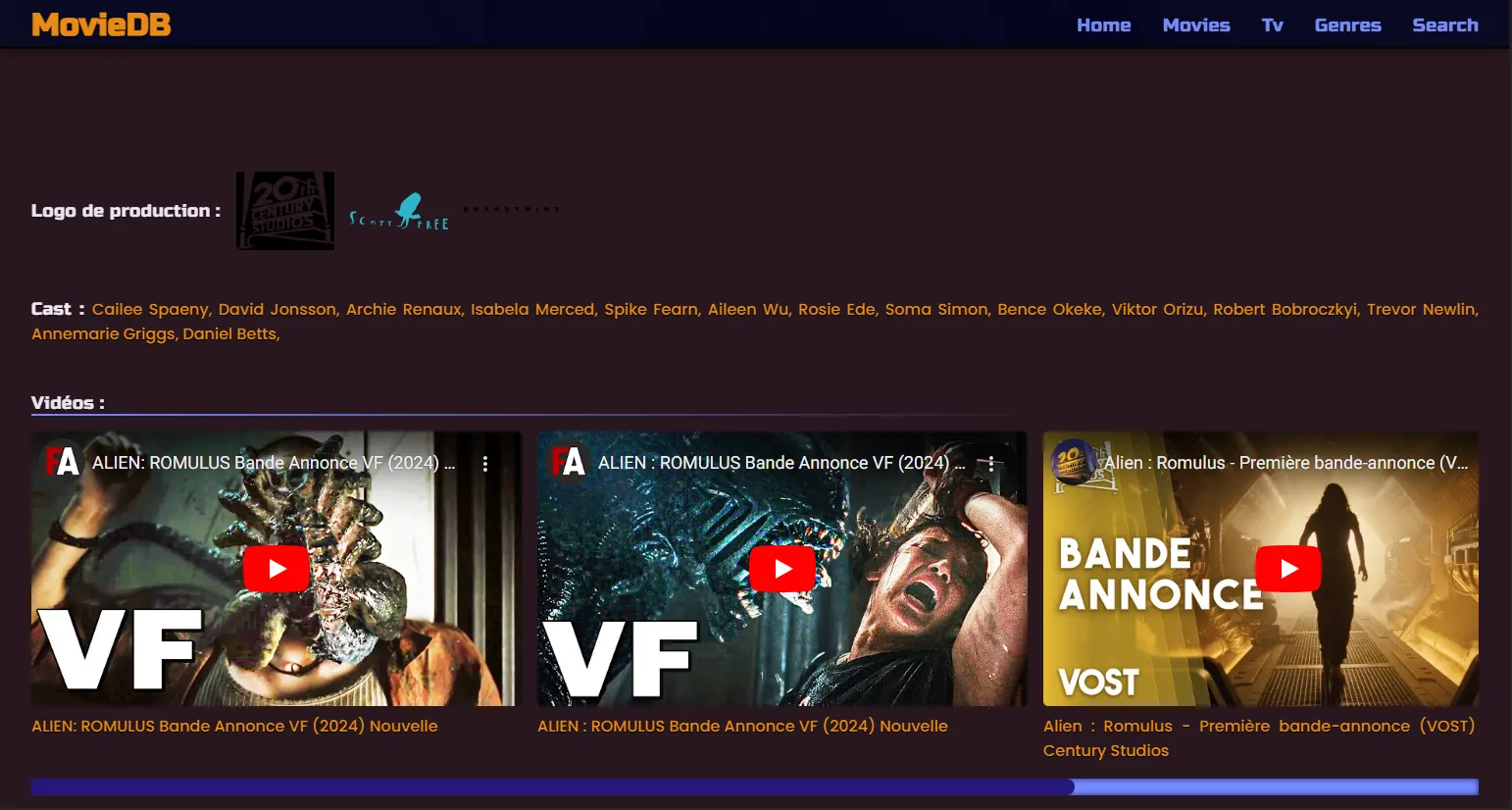 Page description, noms des acteurs, et vidéo des bandes annonces.