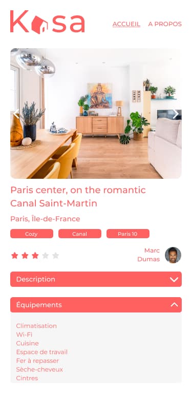 Une des pages de logement de l'agence, complète avec photo, description, équipements et hébergeur, en étant sur mobile.