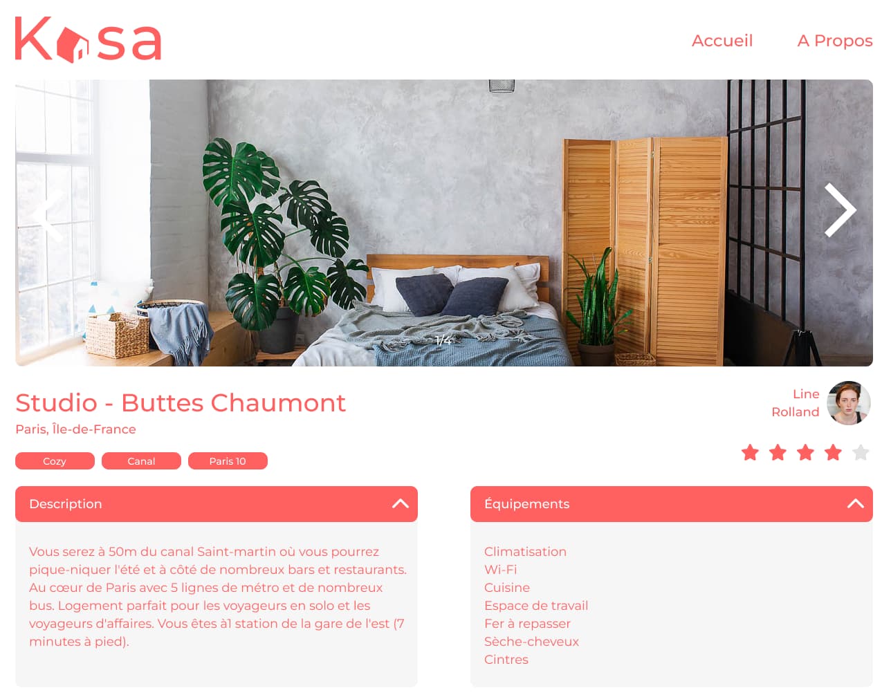 Une des pages de logement de l'agence, complète avec photo, description, équipements et hébergeur, en étant sur pc.