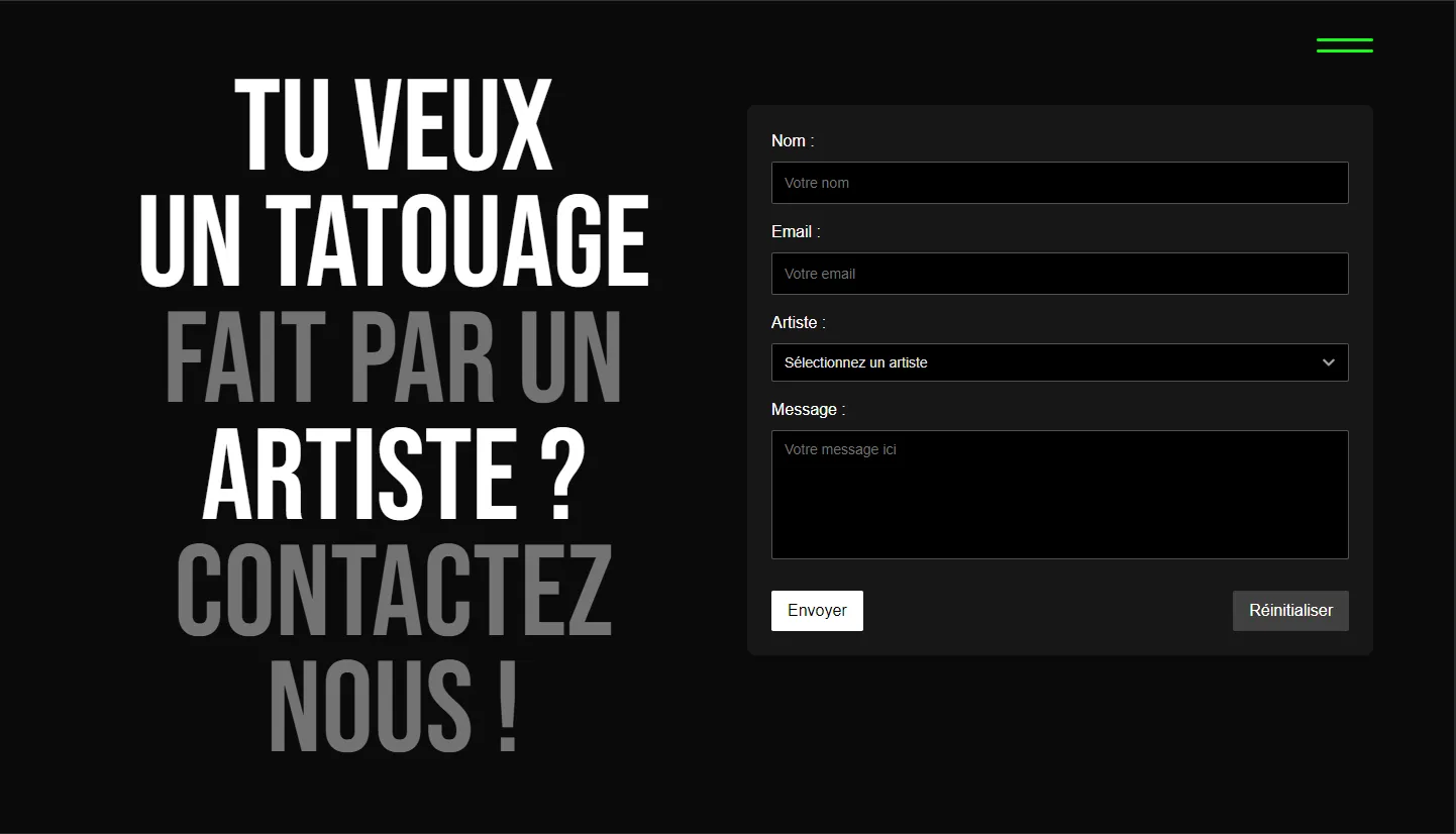 Page contact, avec un formulaire de contact.