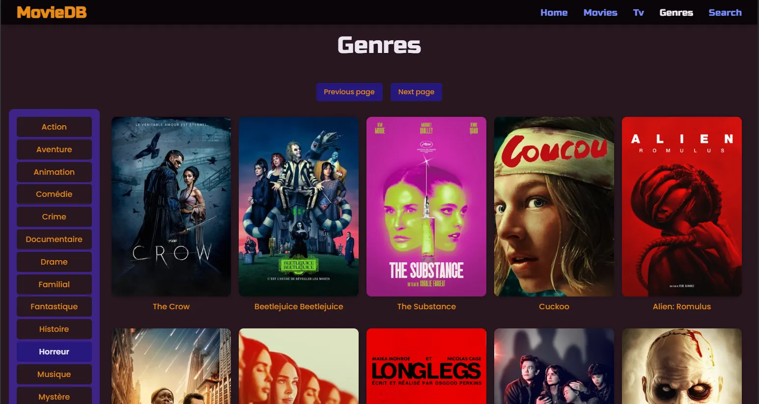 Page dédiée à la sélection de genres de films.