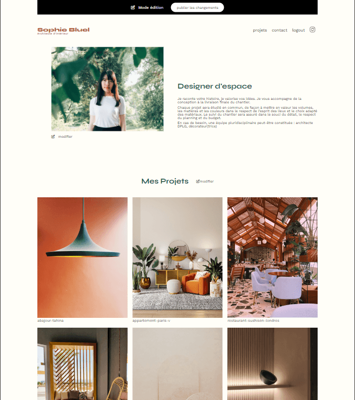 Page d'accueil du site après connexion admin réussie